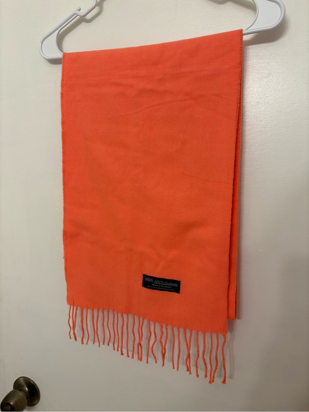 VTG 100% Cashmere Scarf Made in Scotland Neon Orange Fringe Wrap